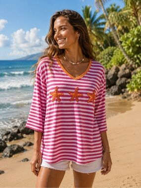 Quacker Factory Pink and White Striped Top with Orange Accents 🍓🌴☀️